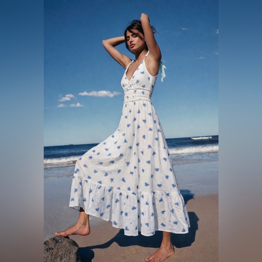 BerryGo Blue Floral Pearl Button Midi Dress Cottagecore Size L